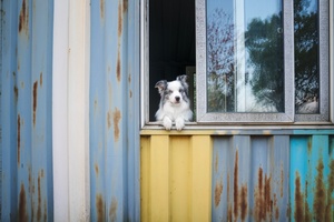 一只小狗坐在窗台上看窗外