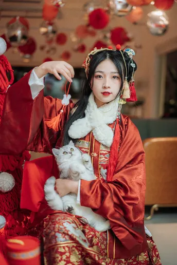 一位穿着传统服装的女性抱着一只白色的小猫