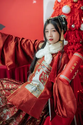 一位穿着传统服装的女性在圣诞树下摆姿势