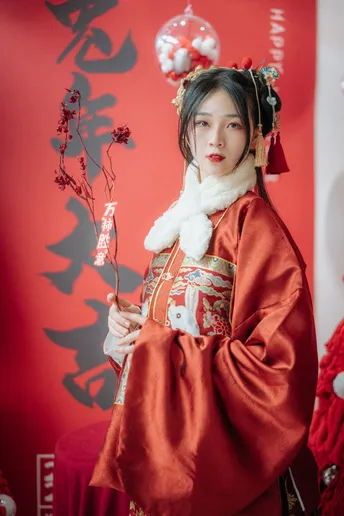 一位穿着传统服装的女士 身着红色和服 手持花束