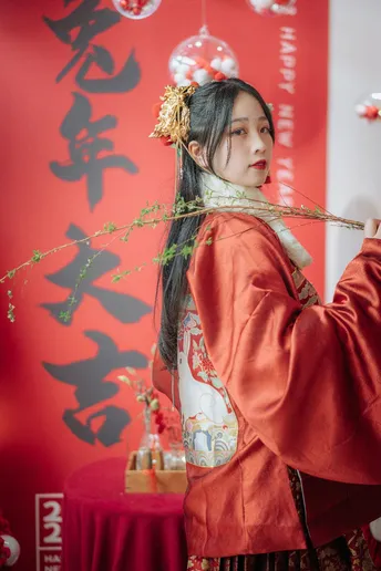 一位穿着红色和服的年轻女子在红色背景前摆姿势