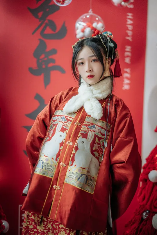 一位穿着红色和服的年轻女子在红色背景前摆姿势