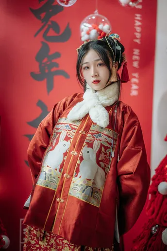 一位穿着红色和服的年轻女子在红色背景前摆姿势