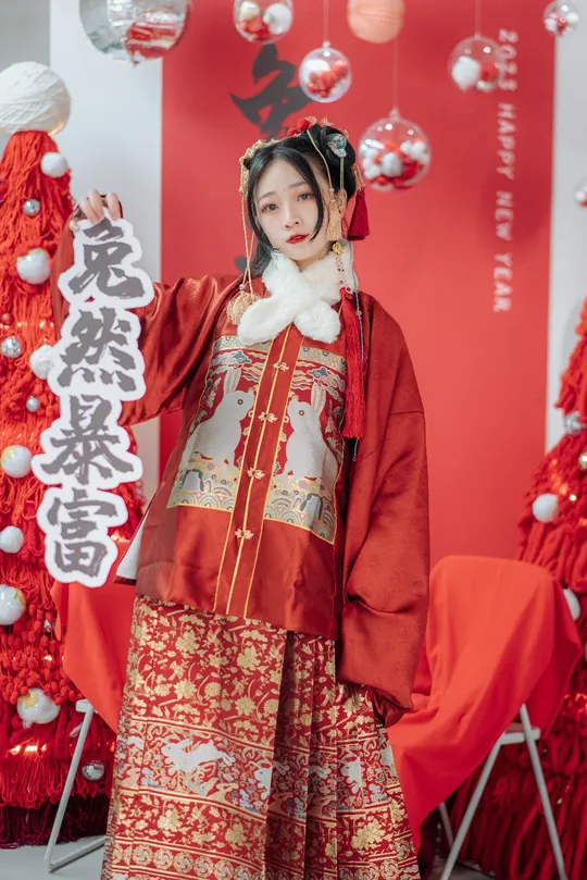 一位穿着传统服装的年轻女子 身着红白相间的裙子。