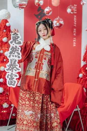 一位穿着传统服装的年轻女子 身着红白相间的裙子。