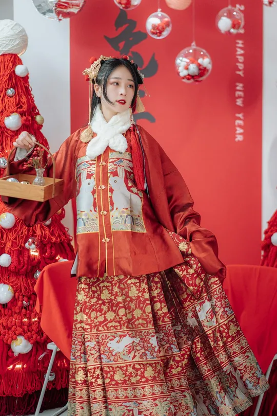 一位穿着传统服装的女性站在圣诞树前