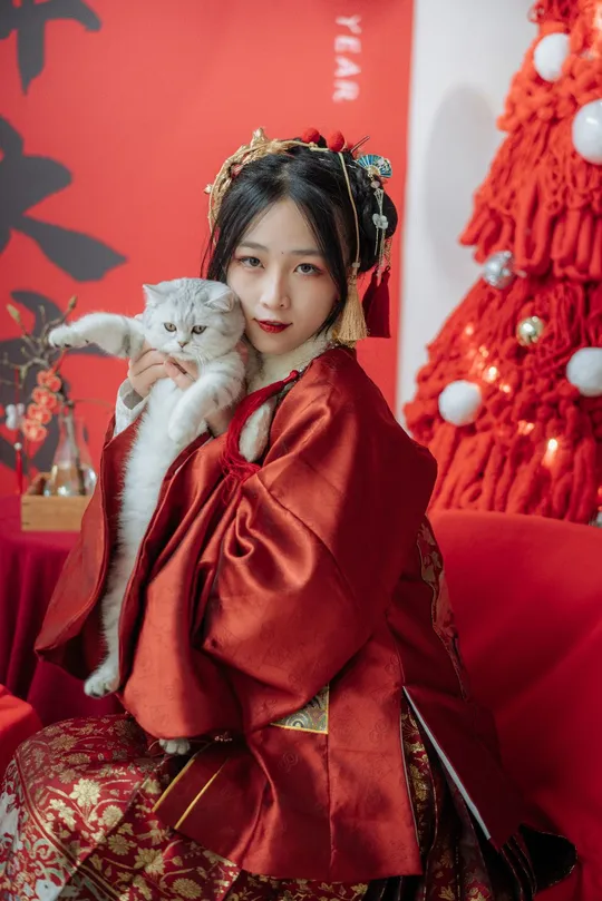 一位穿着传统服装的年轻女子在圣诞树前摆姿势 抱着一只白色的小猫 身着红色的和服。