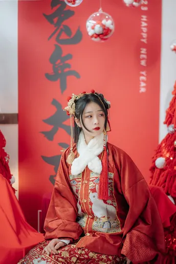 一位穿着传统服装的女性坐在圣诞树前