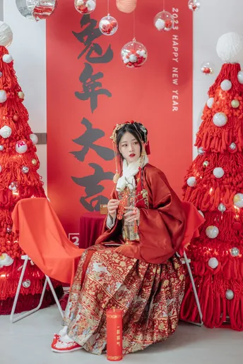 一位穿着传统服装的女性在圣诞树下摆姿势