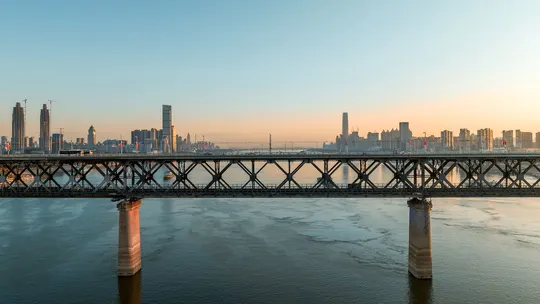 一座横跨在水上的大型桥梁 背景是城市天际线。