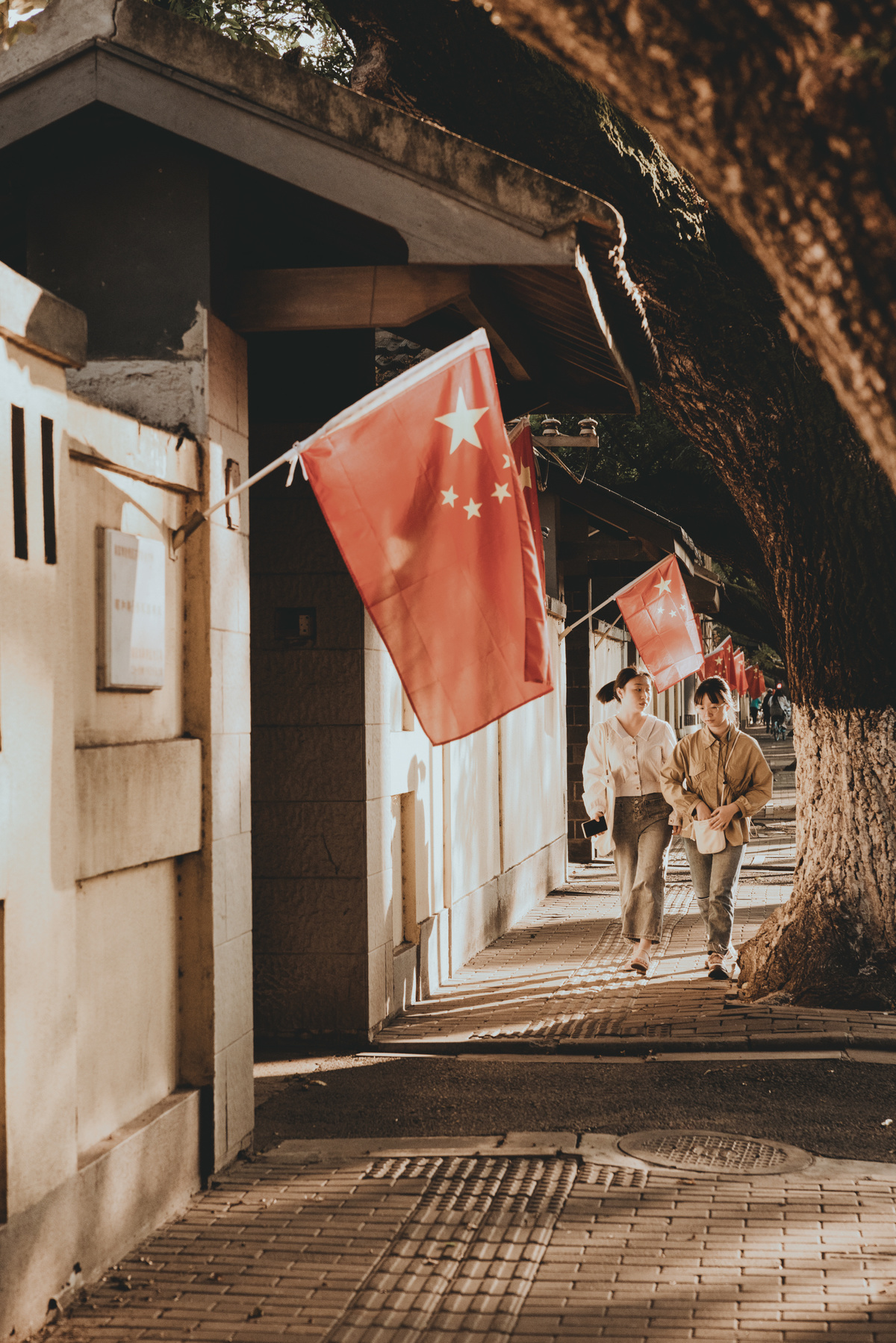 树上挂着红旗的小巷 人们在街上行走