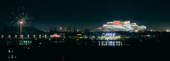 夜晚烟花照亮了大型城市