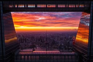 从建筑物顶层俯瞰夕阳下的城市