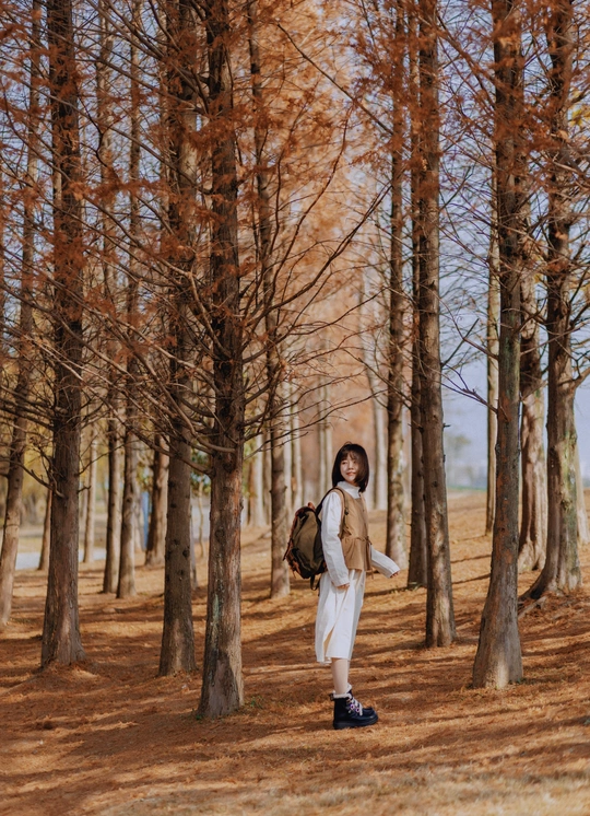 一位年轻女子背着背包站在一棵棵树的森林中