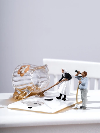 桌子上一个瓶子和玻璃杯旁边的几个人的小雕像