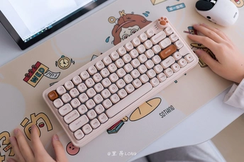 一个在桌子上的孩子 有键盘、鼠标和贴纸。