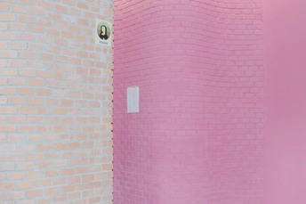 一个带有粉红色砖墙和粉红色马桶的浴室