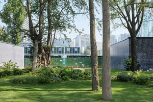 公园 有绿色的草地 树木 以及背景中的城市 墙