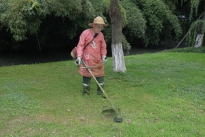 一位戴帽子的人在草坪上挖了一个树附近的花园洞