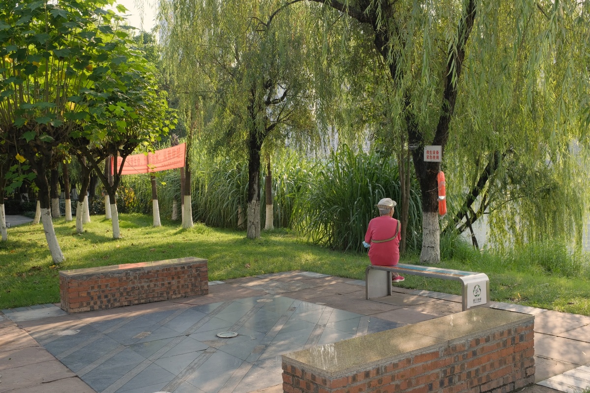 一位老人坐在公园的长椅上 背景中有树木和河流 前景中有一位穿粉红色衣服的老妇人。