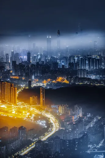 夜晚的城市景观 摩天大楼在雾中亮着灯