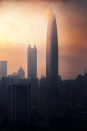 夕阳下的城市 太阳在摩天大楼后面升起