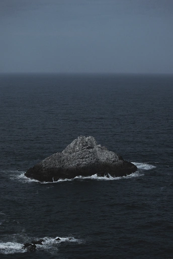一个位于海岸线附近的水体中央的小岛 中间有一块巨大的岩石。