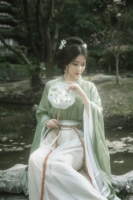 一位穿着传统白色连衣裙的美丽年轻女子 手持绿色和白色日本和服。