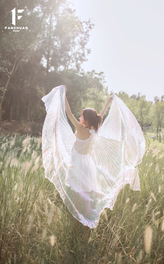 一位穿着白色裙子的美女在田野中跳舞