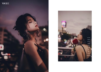 一位穿着红裙子的女人站在一幅城市画的前面