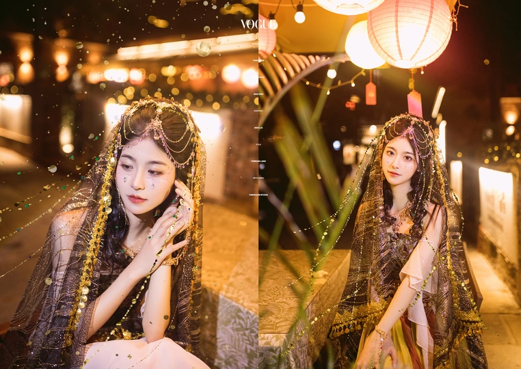 美丽的年轻女子穿着传统服装在夜晚的街道上