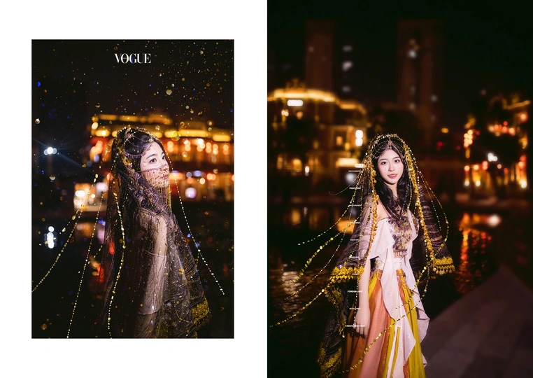 夜晚穿着传统服装的女性照片 背景是城市