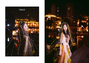 夜晚穿着传统服装的女性照片 背景是城市