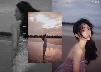 一个在日落时穿着连衣裙站在水中的女人的照片拼贴