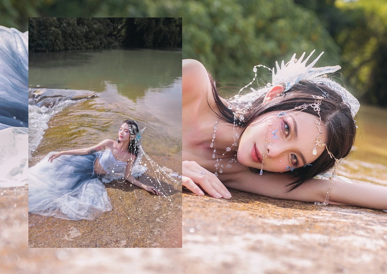 水中的蓝色连衣裙美女照片拼贴