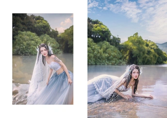 一位穿着蓝色连衣裙的美女在水中的河流中的画面