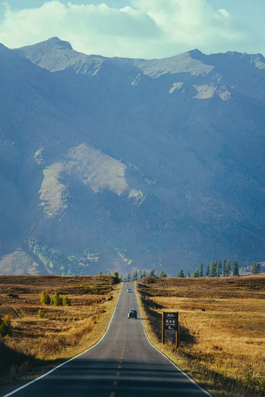 背景有山的一条路
