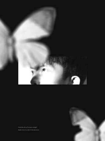 一张黑白图片 一个男孩和一个蝴蝶。