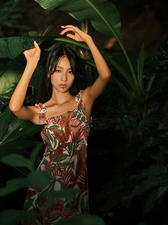 美丽的连衣裙中的年轻女子站在丛林中的绿色植物之间