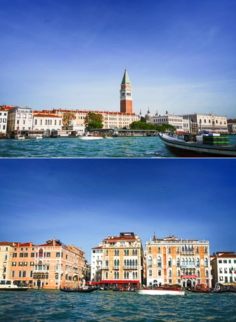 一系列照片显示了一座城市和一艘船在水中