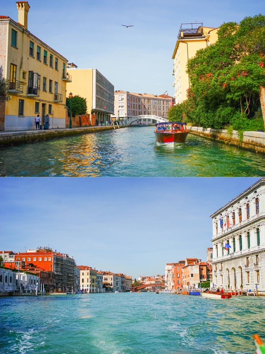 一幅城市中的运河图片 水面上有建筑物和船只