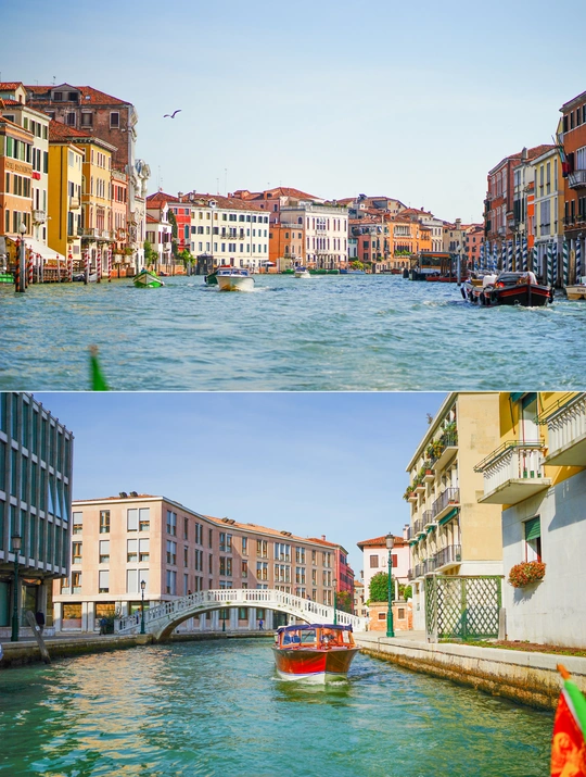 一幅有河流、建筑物、桥梁和小船的城市的照片