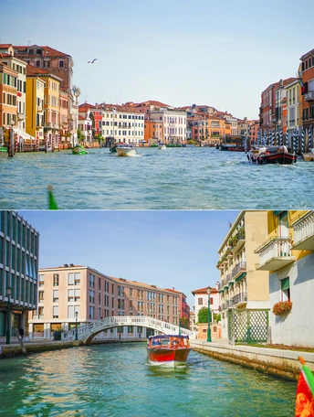 一幅有河流、建筑物、桥梁和小船的城市的照片