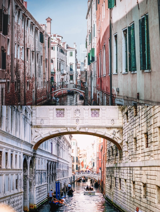 城市里一条狭窄的街道 水中有小船