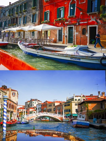 一幅有建筑物、水中有船、河上有桥的城市的画