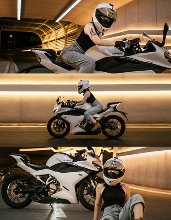 一个戴头盔的摩托车手飞跃一辆自行车上的女人