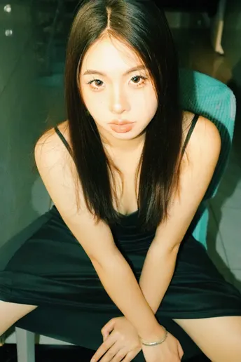 一个穿着黑色连衣裙的年轻女子坐在桌子旁的椅子上