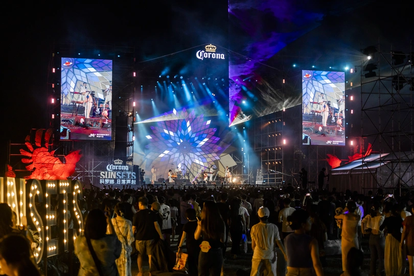 晚上在音乐会或活动中的一群人