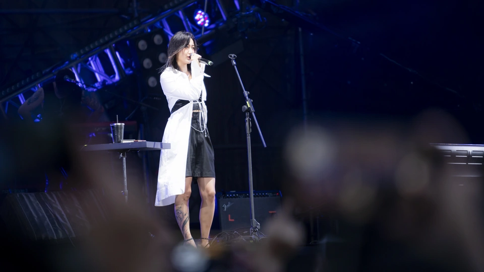 在一场有一群人的音乐会上 一位身穿白色连衣裙的女士在舞台上对着麦克风唱歌