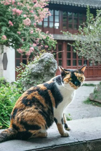 一只黑色、橙色和白色的猫坐在墙上